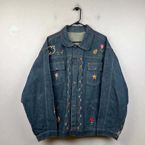 Vintage 80s American Embroidered Denim Jacket with Flora Designs Size XL